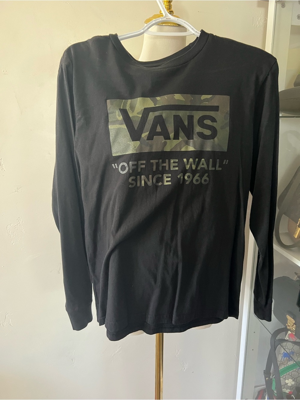 Vans Black Tee with Green Camo Logo